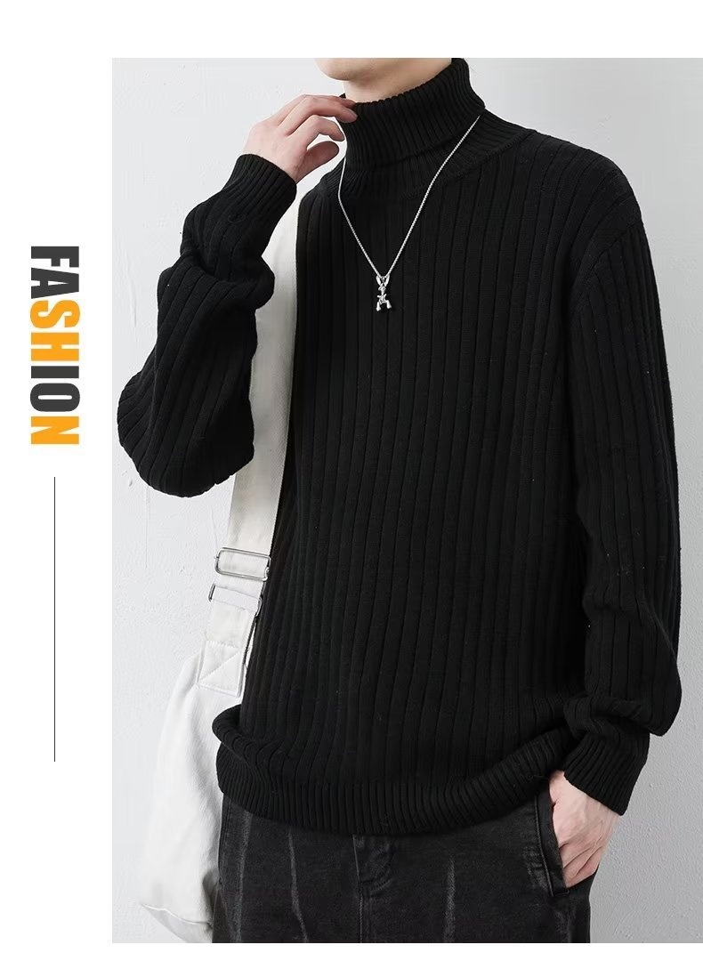 boy Tuleneck For Men Autumn Winter Simple Solid Color Trendy Brand Knitted Slim Fit Warm Turn-down Collar Sweater Base_voghion.com