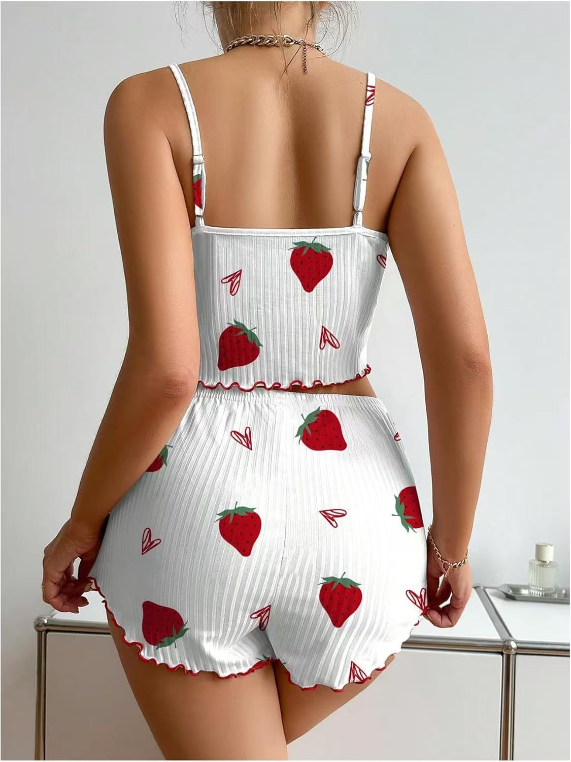 ChicShe European American Cross-Border Strawberry Heart Print Ribbed Pajama For Women With Camisole And Shorts Homewear_voghion.com