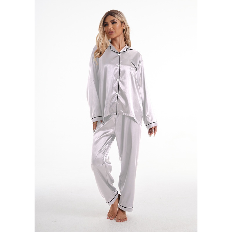 ChicShe European And American Foreign Trade Home Wear Lapel Ice Silk Pajamas Women's Sleeve Long Pants Two-Piece Set Plus Size_voghion.com