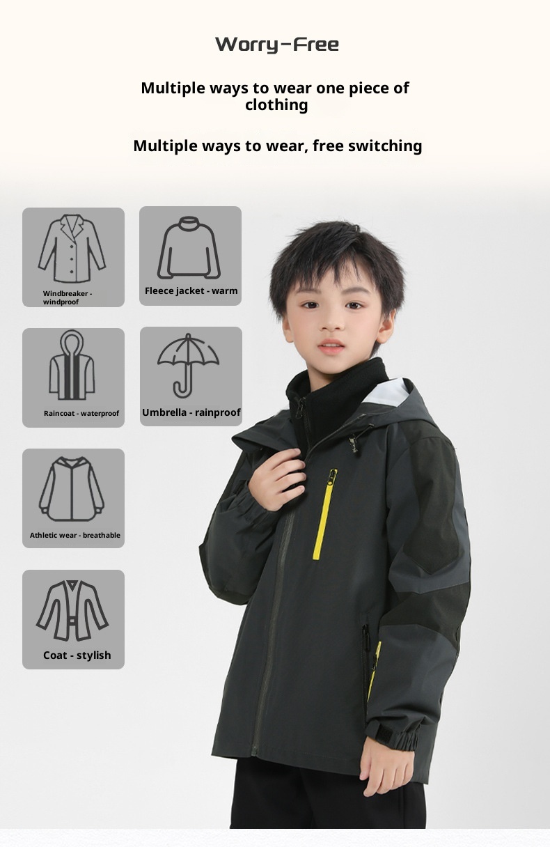 001 Children's Softshell Jacket Pants Set For Boys And Girls, Fleece-Lined, Waterproof, Windproof, Warm Three-Piece Outfit_voghion.com