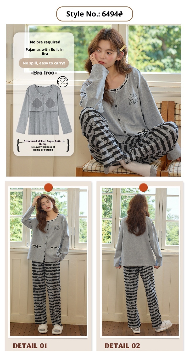 ChicShe Autumn Winter Pajamas For Women 2025 Pure Cotton Cardigan Long Sleeve Set With Chest Pads, Simple Loose Homewear_voghion.com