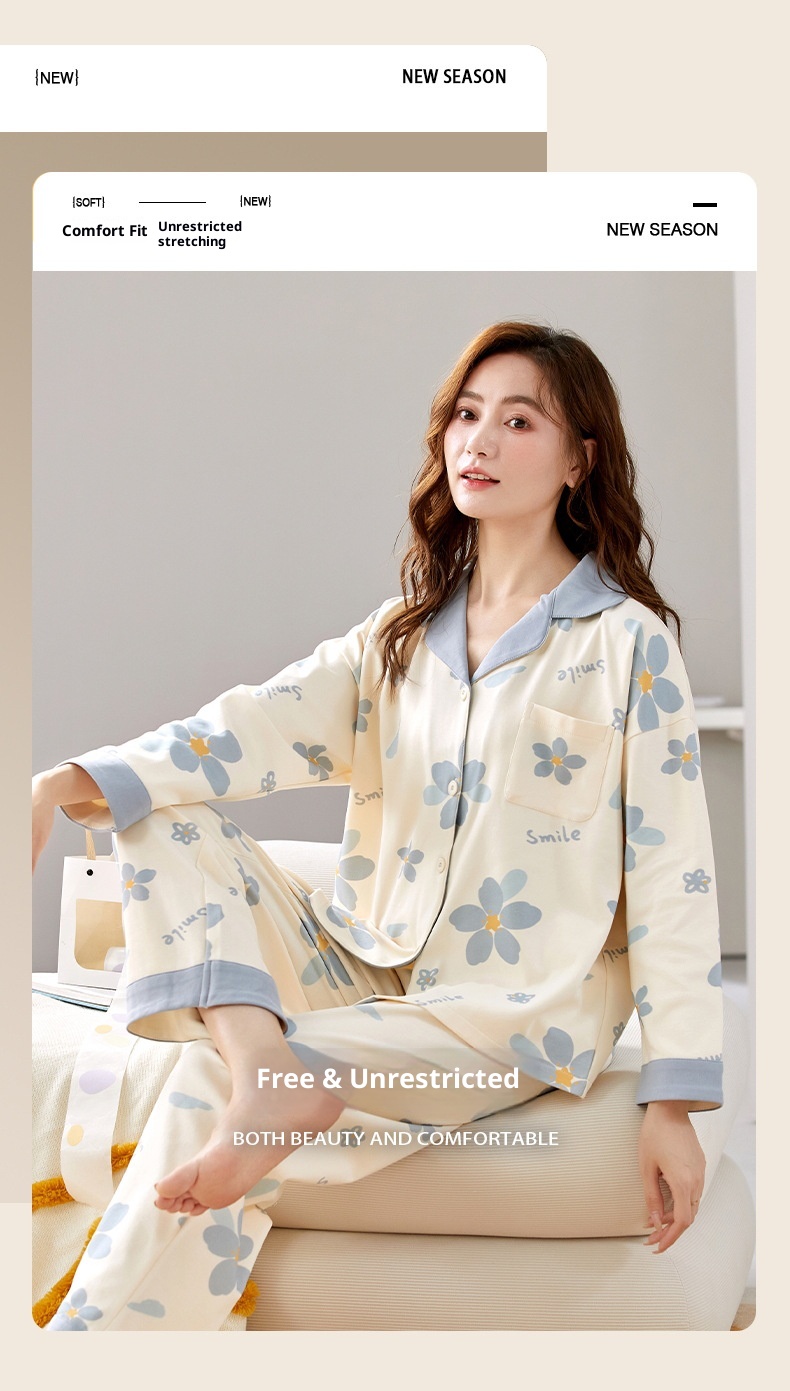 Pigiama ChicShe 100% cotone, primavera e autunno, cardigan a maniche lunghe, caldo abbigliamento da casa, comodo, morbido, vestibilità ampia, da donna._voghion.com