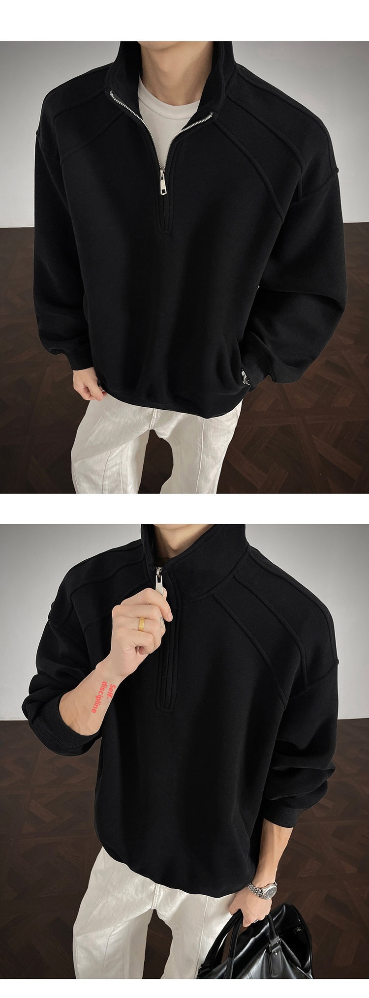 Herren-Sweatshirt im amerikanischen Retro-Stil mit halbem Reißverschluss und Stehkragen, locker geschnitten, Herbst 2025, Modell Heavy Loose Couple Jacket_voghion.com