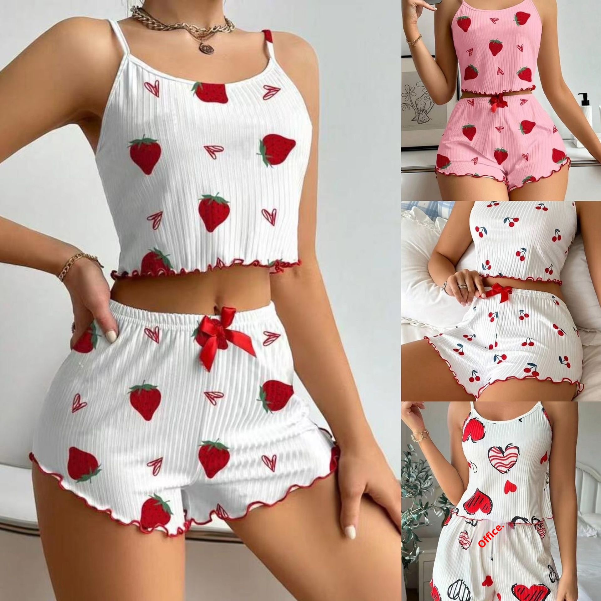 ChicShe European And American Style Women's Pajamas Ribbed Heart Print Sexy Camisole Shorts Homewear Two-Piece Set Cross-Border_voghion.com
