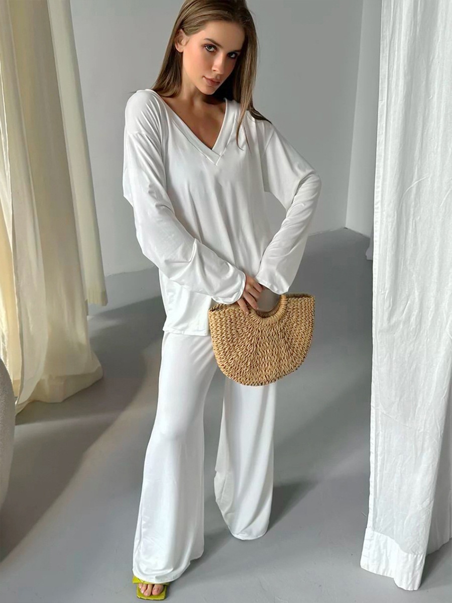 ChicShe Cross-Border V-Neck Sleeve Long Pants Pajama Set European And American 2025 Autumn New Knitted Pajamas Export Home Wear_voghion.com