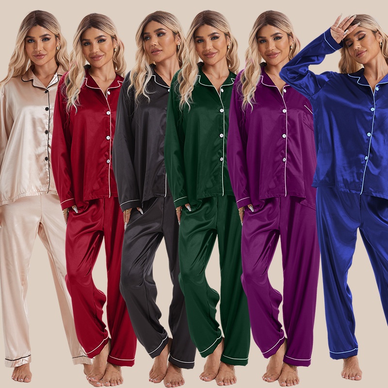 ChicShe European And American Foreign Trade Home Wear Lapel Ice Silk Pajamas Women's Sleeve Long Pants Two-Piece Set Plus Size_voghion.com