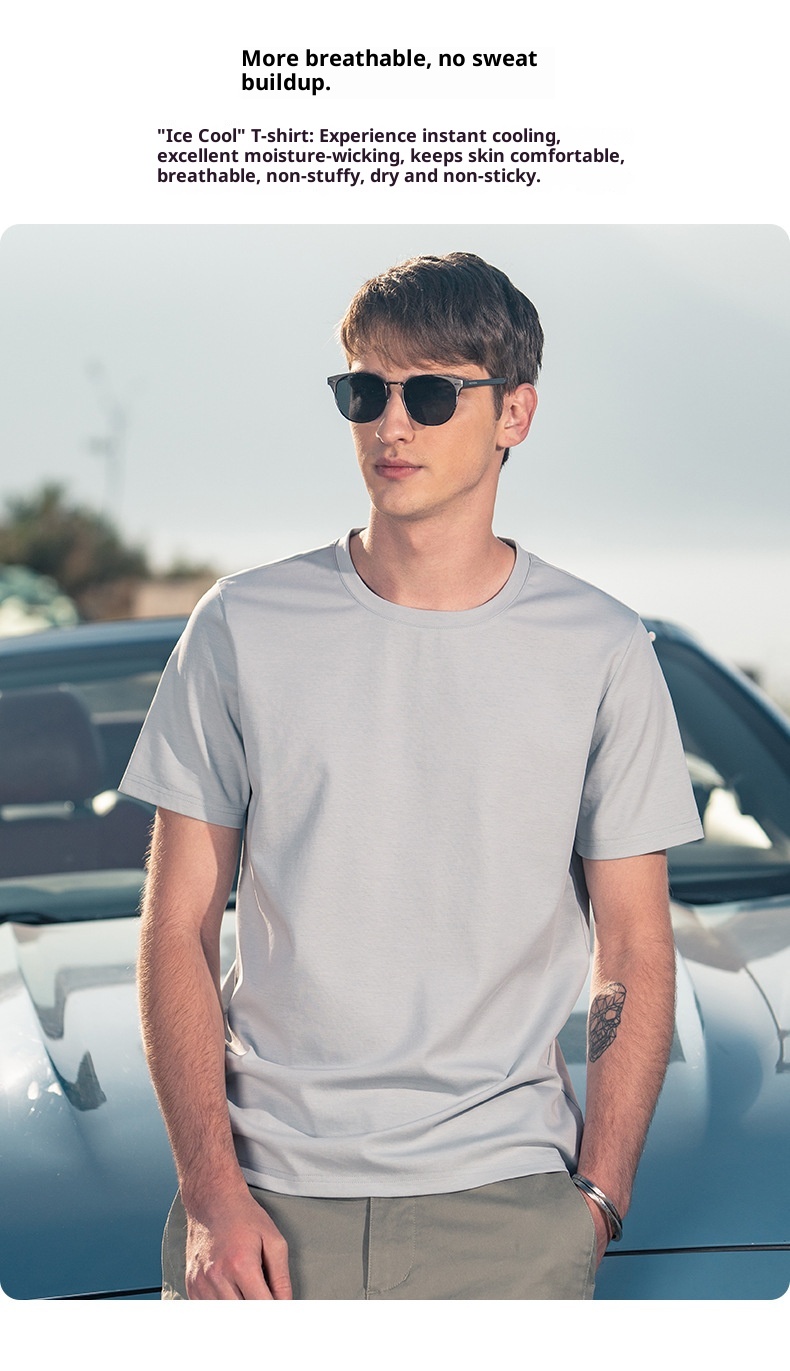 Maglietta base da uomo in cotone di seta ghiaccio fresco, manica corta, estiva, bianca, tinta unita, mercerizzata_voghion.com