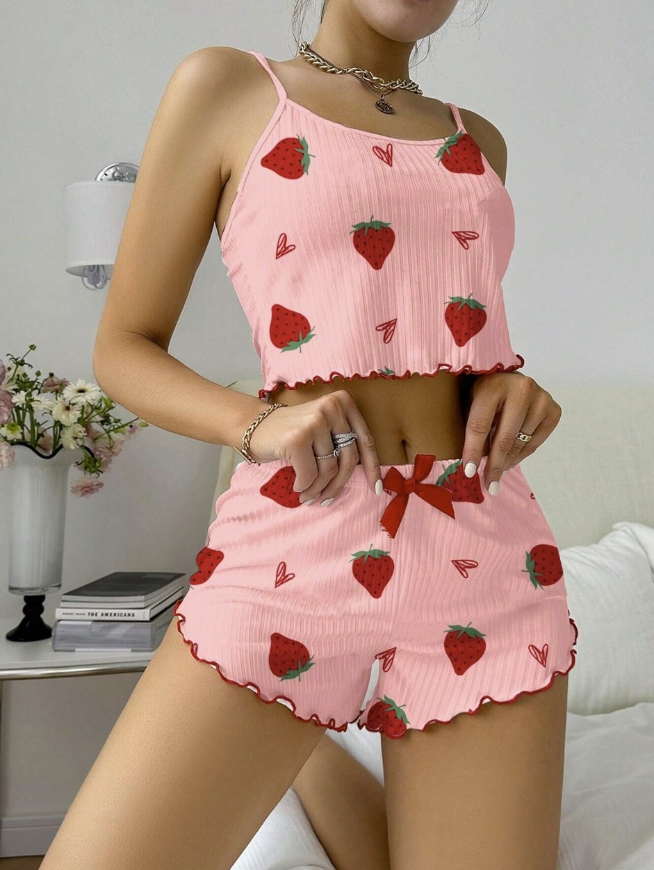 ChicShe European American Cross-Border Strawberry Heart Print Ribbed Pajama For Women With Camisole And Shorts Homewear_voghion.com