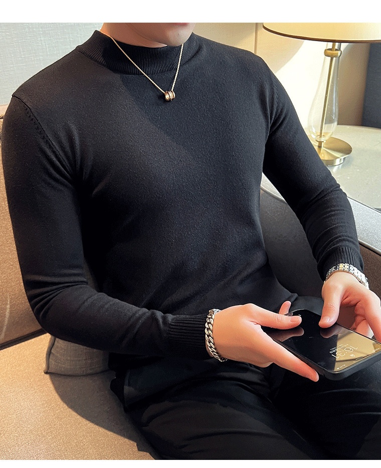 Herrenpullover, dick gefüttert, warm, für Herbst und Winter, halber Rollkragen, Strick, schmale Passform, Business-Hemd, Unterhemd_voghion.com