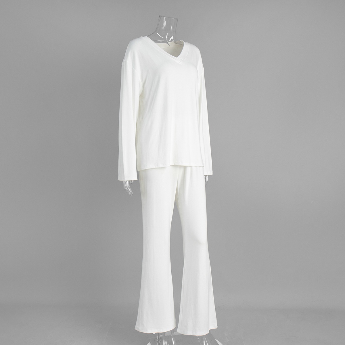 ChicShe Cross-Border V-Neck Sleeve Long Pants Pajama Set European And American 2025 Autumn New Knitted Pajamas Export Home Wear_voghion.com