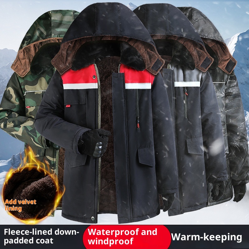 boy Reflective Strip Large Pocket Fleece Lined Thickened Warm Workwear Jacket Men's Wear-Resistant Windproof Waterproof_voghion.com