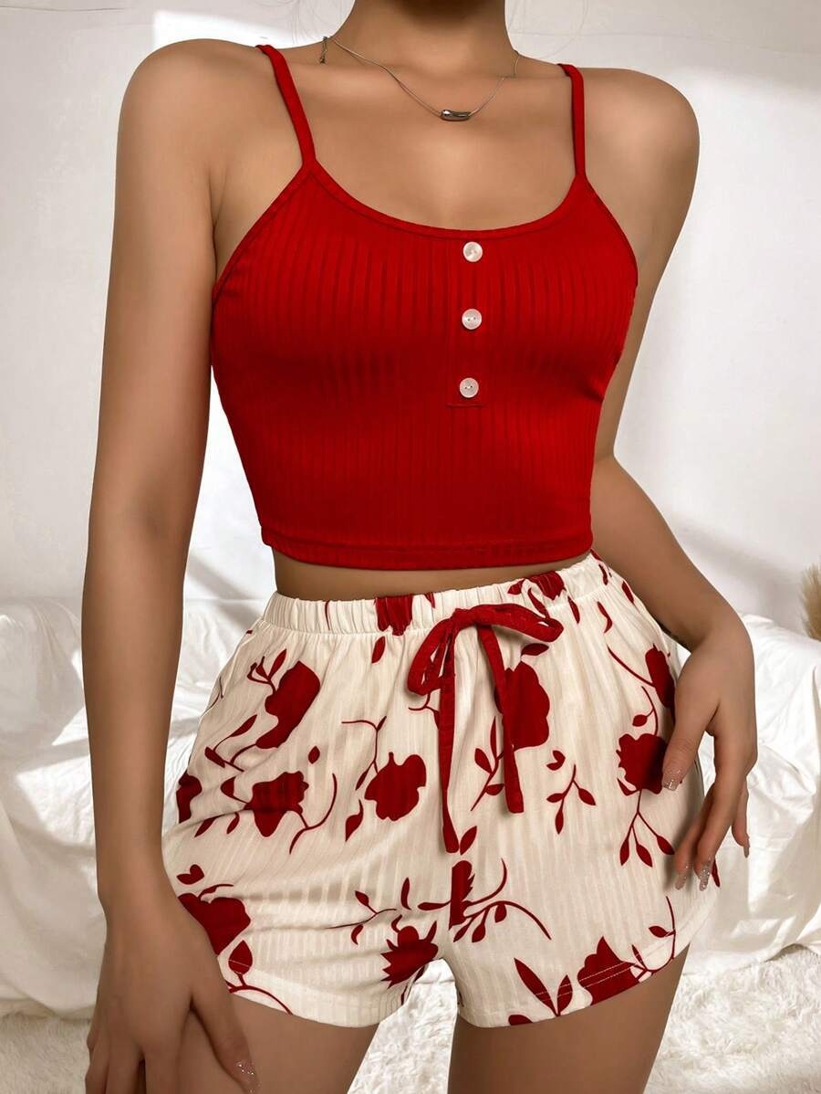 ChicShe Women's Homewear Printed Camisole Shorts Casual Sexy Ribbed Wearable European And American Style Pajamas Comfortable_voghion.com