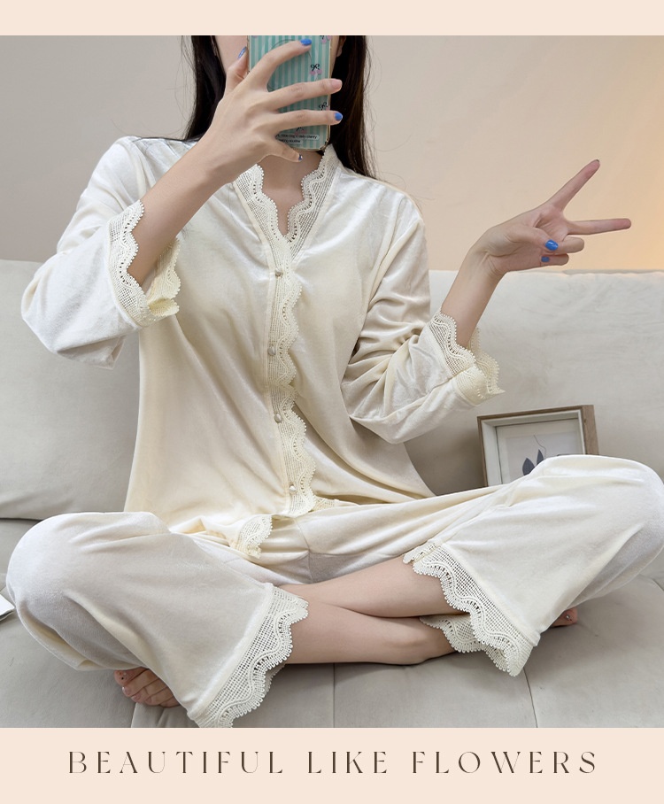 ChicShe Beautiful Velvet Pajamas Autumn Winter Women Lace Cardigan Long Sleeve Set Sexy Elegant Wearable Homewear_voghion.com