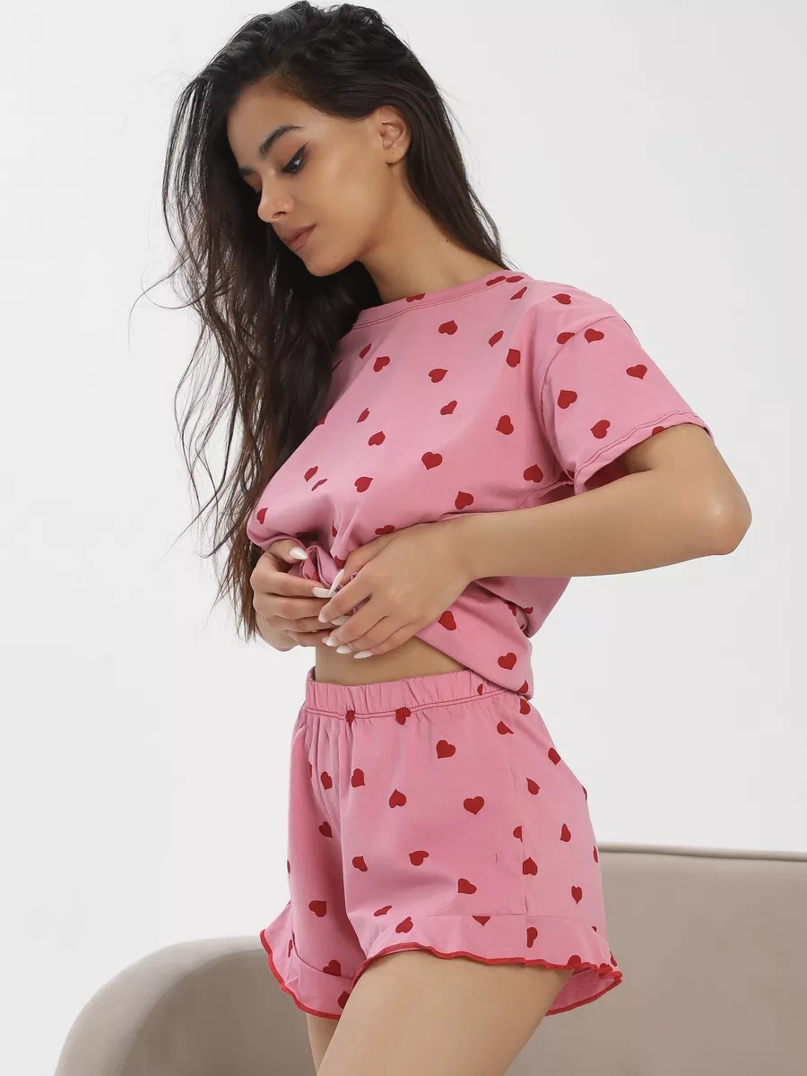 ChicShe European And American Spring New Cross-Border Heart Print Round Neck Short Sleeve Shorts Women's Homewear Pajamas_voghion.com