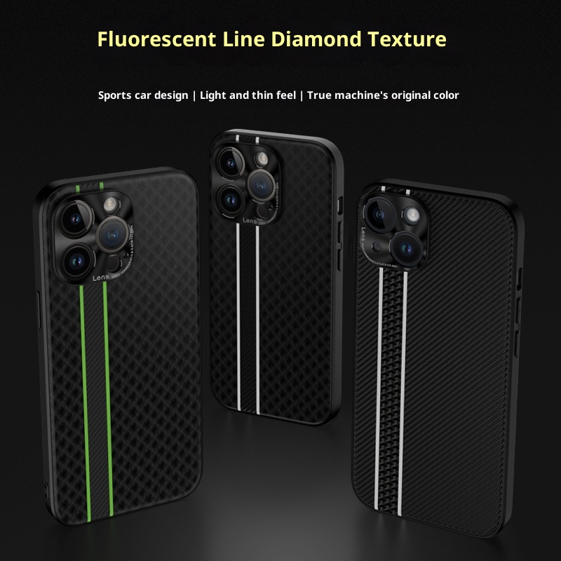 Custodia in fibra di carbonio TechGlobe Business per iPhone 15 Plus con strisce fluorescenti, custodia in pelle per iPhone 14 Pro Max, 13 XR_voghion.com