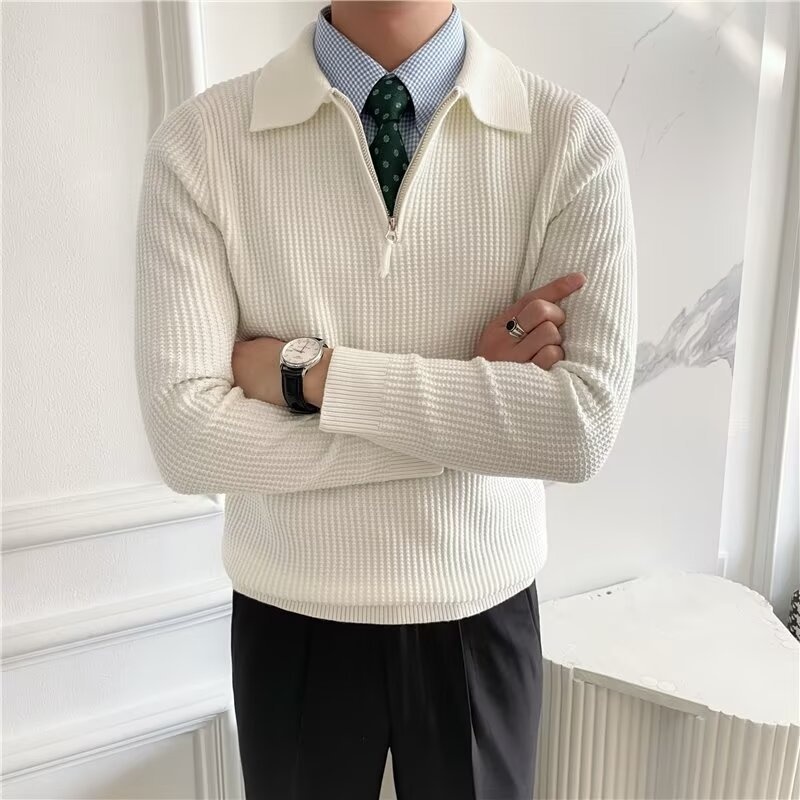 Maglione da uomo in stile britannico, a maniche lunghe, con mezza zip e colletto polo, in tessuto a nido d'ape, vestibilità slim, tinta unita_voghion.com