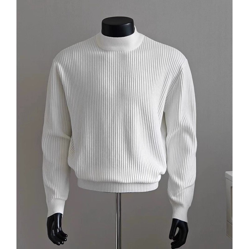 boy Boy Boy White Ribbed Half Turtleneck Sweater For Men, Autumn Winter, Lazy High-End Feel, Cleanfit American Style, Regular_voghion.com