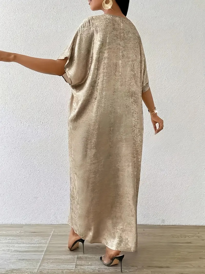 ChicShe Elegant Gold V-Neck Split Long Robe Dress High Waist Fashionable Temperament Plus Size Women's Clothing_voghion.com