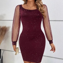 ChicShe 2025 Cross-Border New Elegant And Sexy V-Neck Mesh Sleeve Evening Gold Embellished Bodycon Women's Dress_voghion.com