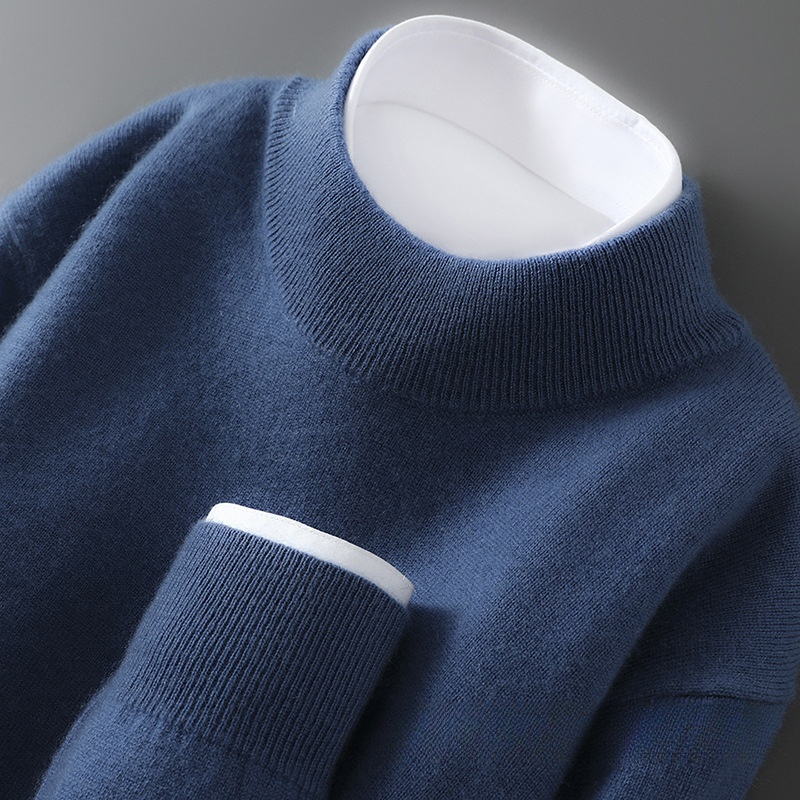 boy Boy Boy Autumn Winter New 100% Pure Wool Men's Half Turtleneck Knitted Pullover Casual Loose Base Cashmere Sweater_voghion.com