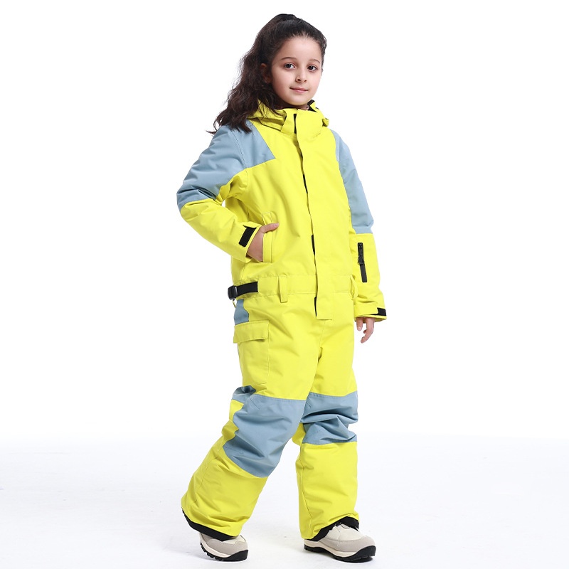 001 New Children's Ski One-Piece Girls' Set Color Block Waterproof Windproof Warm Single And Double Board Suit Snow Pants_voghion.com