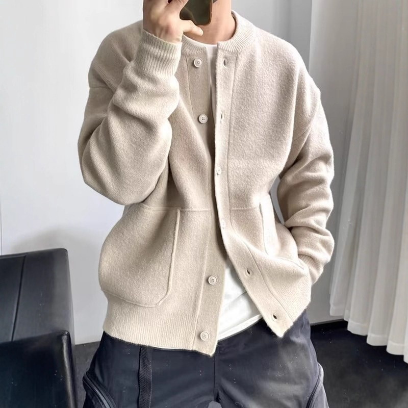boy Boy Boy Japanese Wool Cardigan Men's Spring And Autumn Hong Kong Style Knitted Round Neck Jacket Simple Loose Thickened Sweater_voghion.com