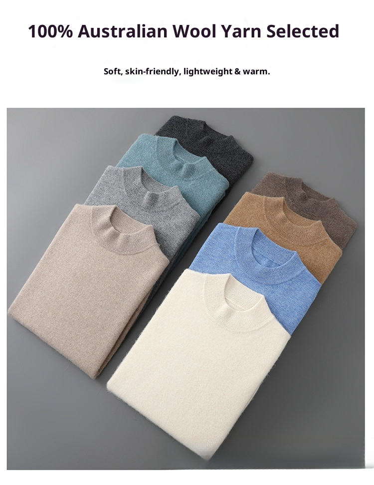 boy Boy Boy Autumn Winter New 100% Pure Wool Men's Half Turtleneck Knitted Pullover Casual Loose Base Cashmere Sweater_voghion.com
