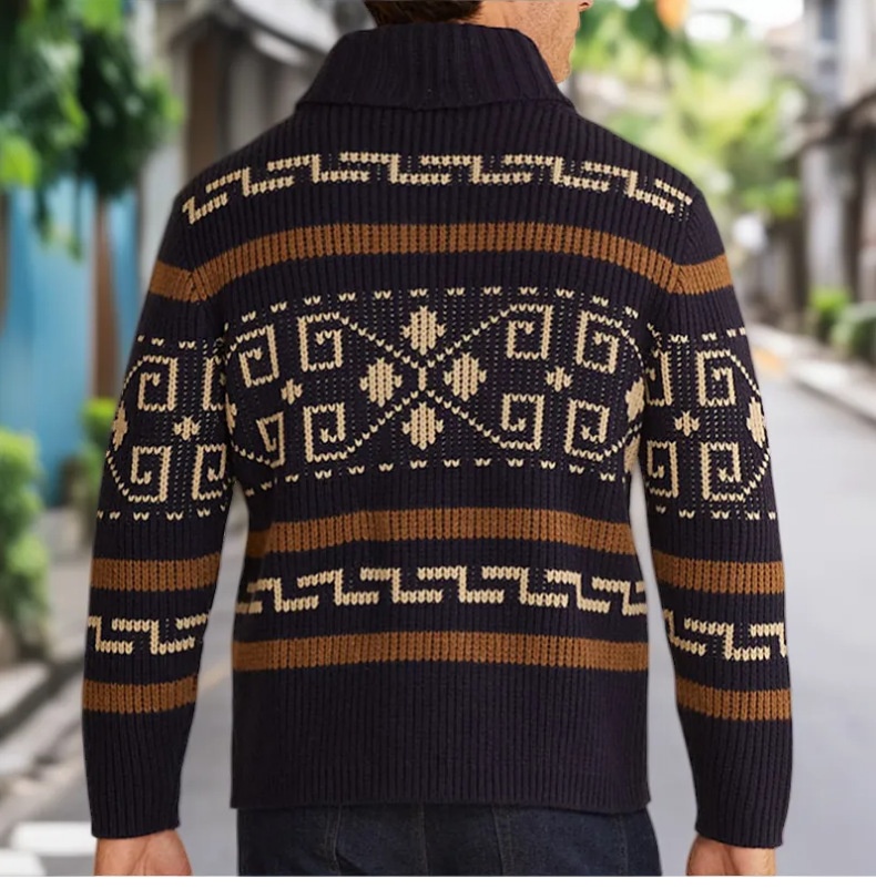 Herrenmode Herbst und Winter: Lässige Strickjacke mit Umlegekragen, langen Ärmeln und schmaler Passform, Jacquard-Strickmuster_voghion.com