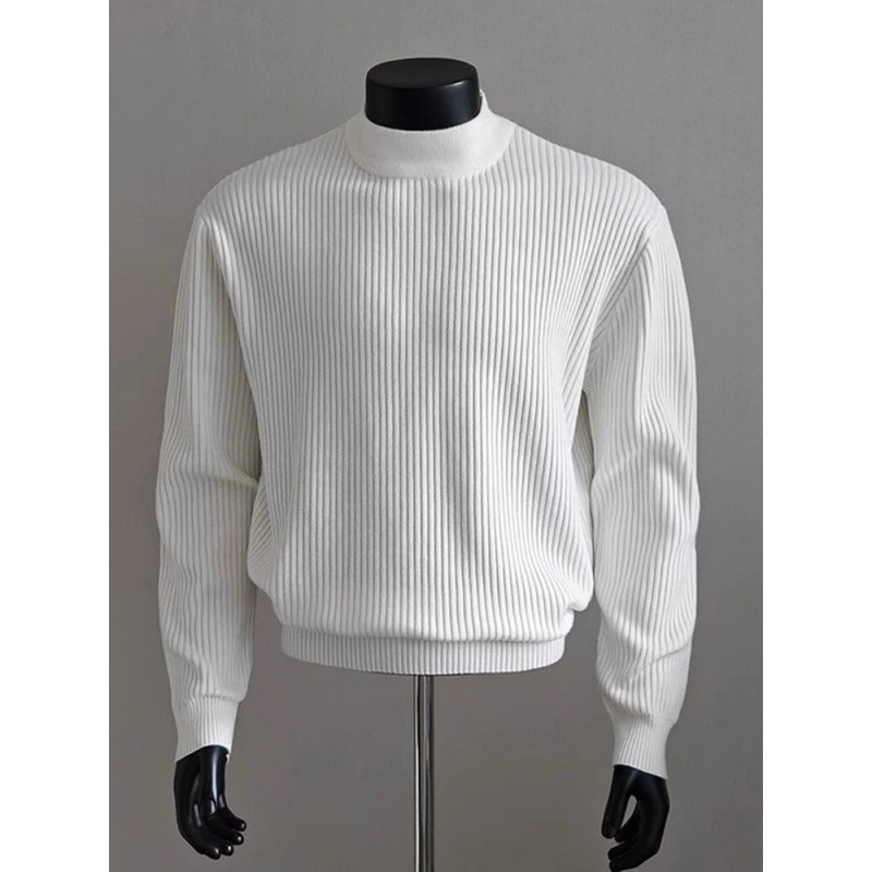 boy Boy Boy White Ribbed Half Turtleneck Sweater For Men, Autumn Winter, Lazy High-End Feel, Cleanfit American Style, Regular_voghion.com