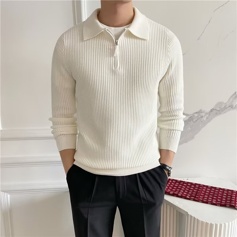 Maglione da uomo in stile britannico, a maniche lunghe, con mezza zip e colletto polo, in tessuto a nido d'ape, vestibilità slim, tinta unita_voghion.com