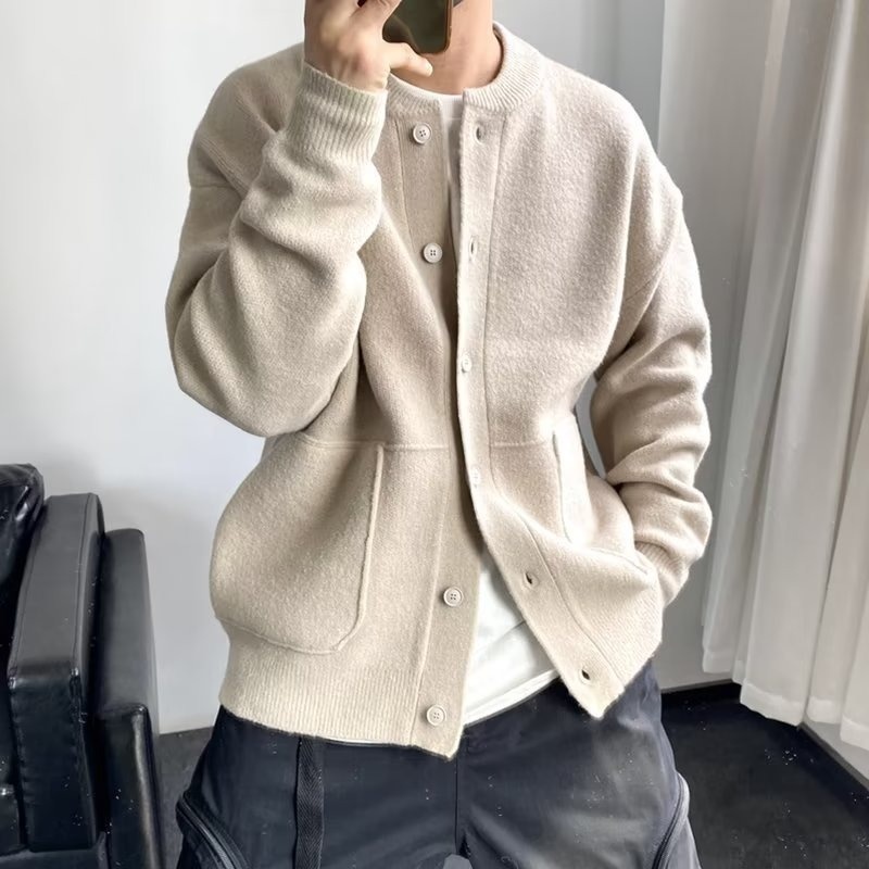 boy Boy Boy Japanese Wool Cardigan Men's Spring And Autumn Hong Kong Style Knitted Round Neck Jacket Simple Loose Thickened Sweater_voghion.com