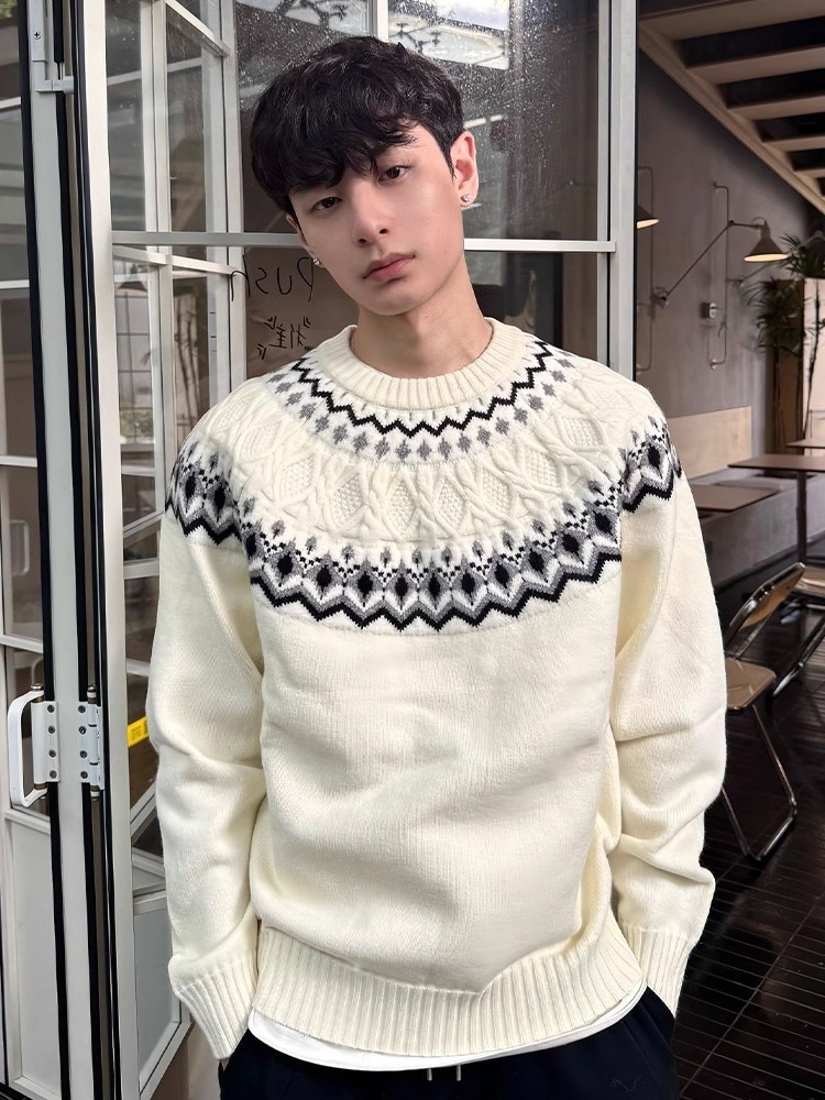 Maglione lavorato a maglia Fair Isle a trecce per uomo, maglia autunnale morbida e comoda, con strato interno Cleanfit_voghion.com