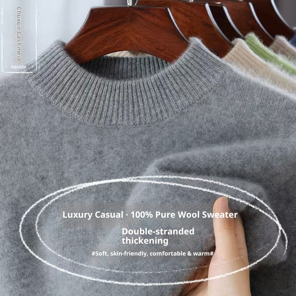 boy Boy Boy 100% Pure Wool Men's Half Turtleneck Thickened Solid Color Sweater Business Casual Loose Knitted Base Shirt Top_voghion.com