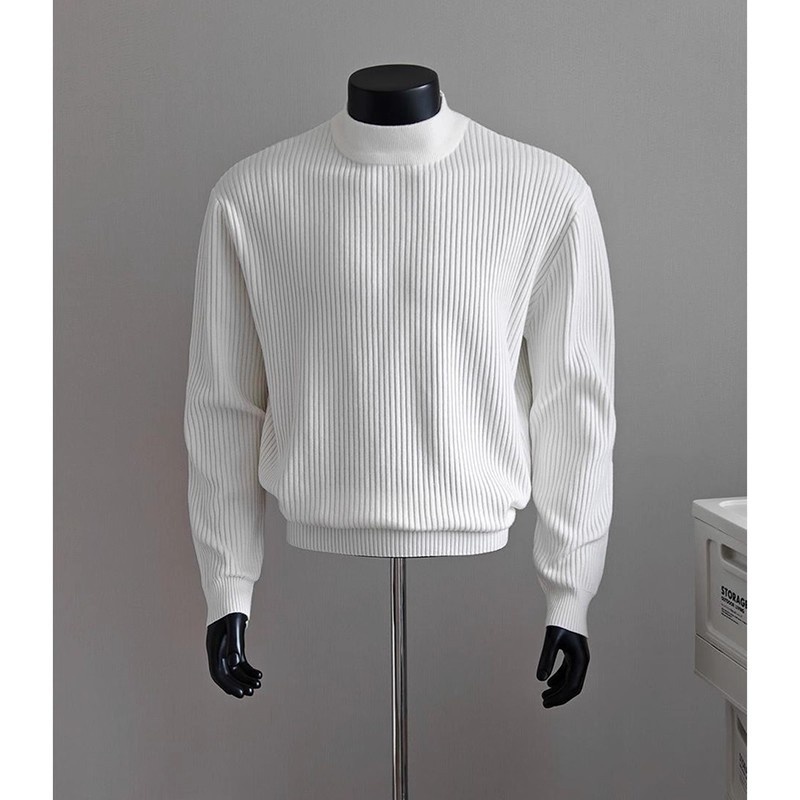 boy Boy Boy White Ribbed Half Turtleneck Sweater For Men, Autumn Winter, Lazy High-End Feel, Cleanfit American Style, Regular_voghion.com