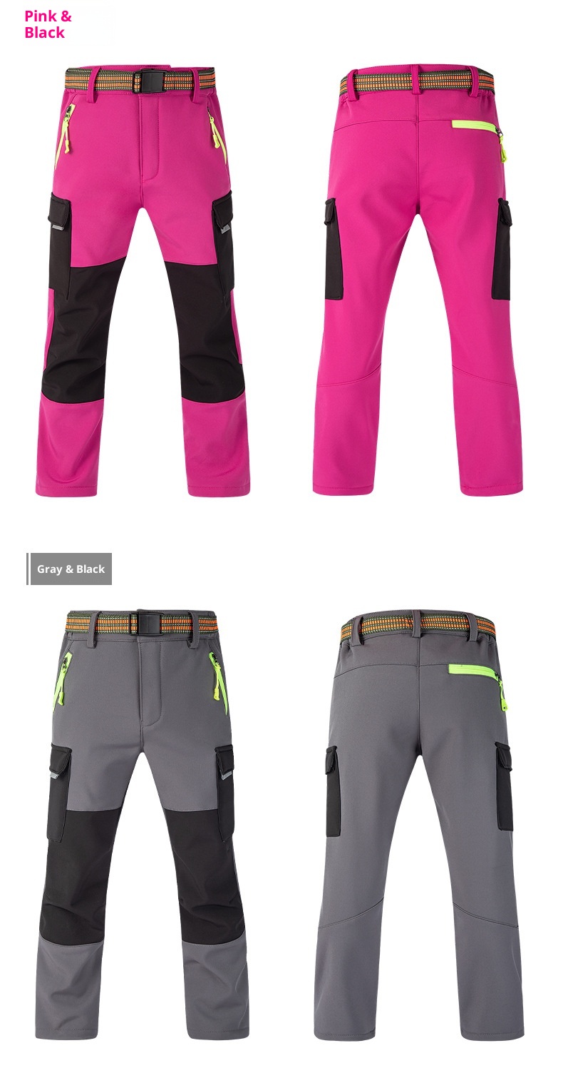 001 Children's Autumn Winter Softshell Boys Girls Students School Color Block Reflective Windproof Waterproof Warm Ski Pants_voghion.com