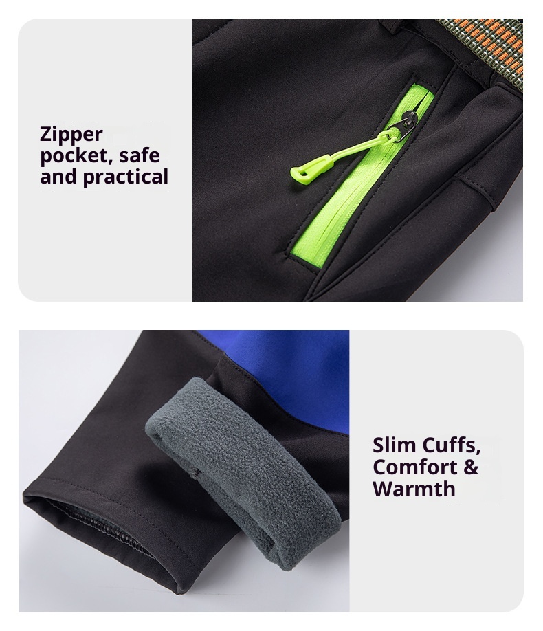 001 Children's Autumn Winter Softshell Boys Girls Students School Color Block Reflective Windproof Waterproof Warm Ski Pants_voghion.com