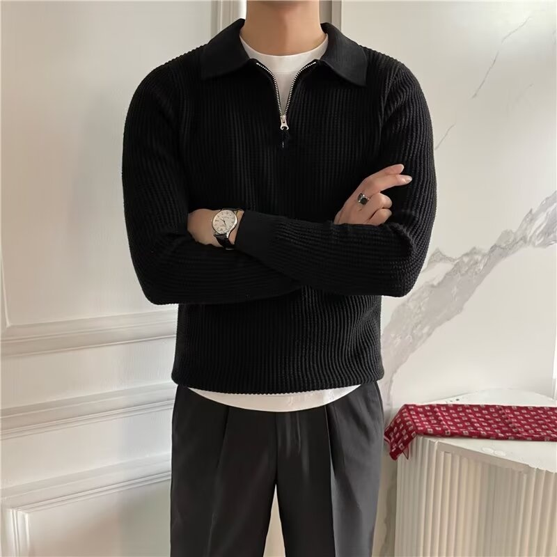 Maglione da uomo in stile britannico, a maniche lunghe, con mezza zip e colletto polo, in tessuto a nido d'ape, vestibilità slim, tinta unita_voghion.com