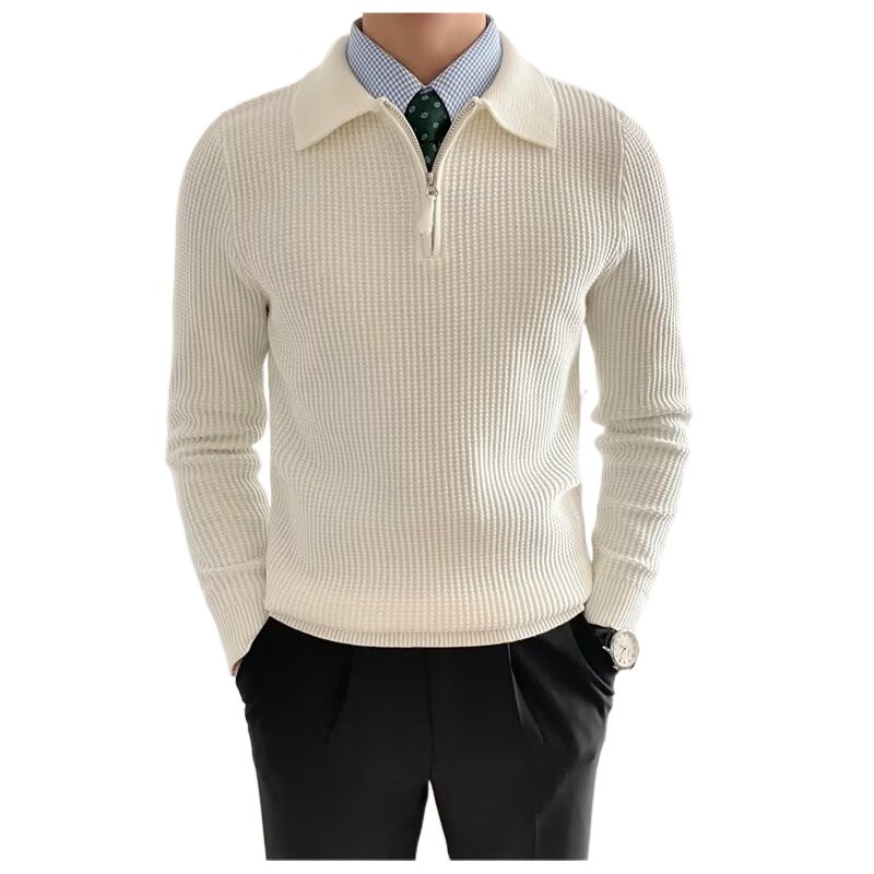 boy Boy Boy British Style Men's Long Sleeve Half-Zip Polo Collar Knitted Pullover Waffle Fabric Slim Fit Solid Color Sweater_voghion.com