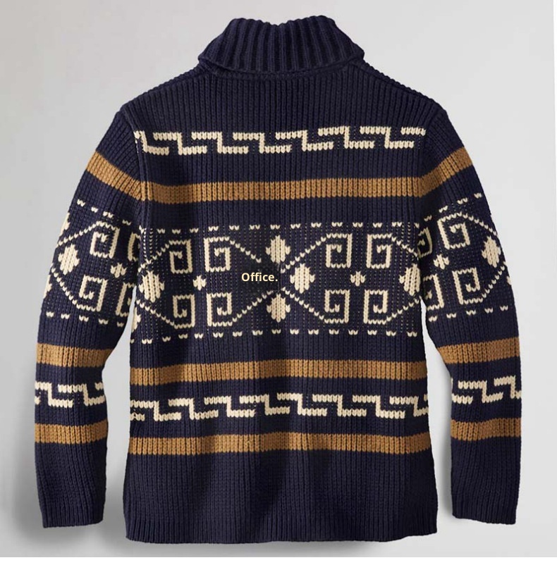 Herrenmode Herbst und Winter: Lässige Strickjacke mit Umlegekragen, langen Ärmeln und schmaler Passform, Jacquard-Strickmuster_voghion.com