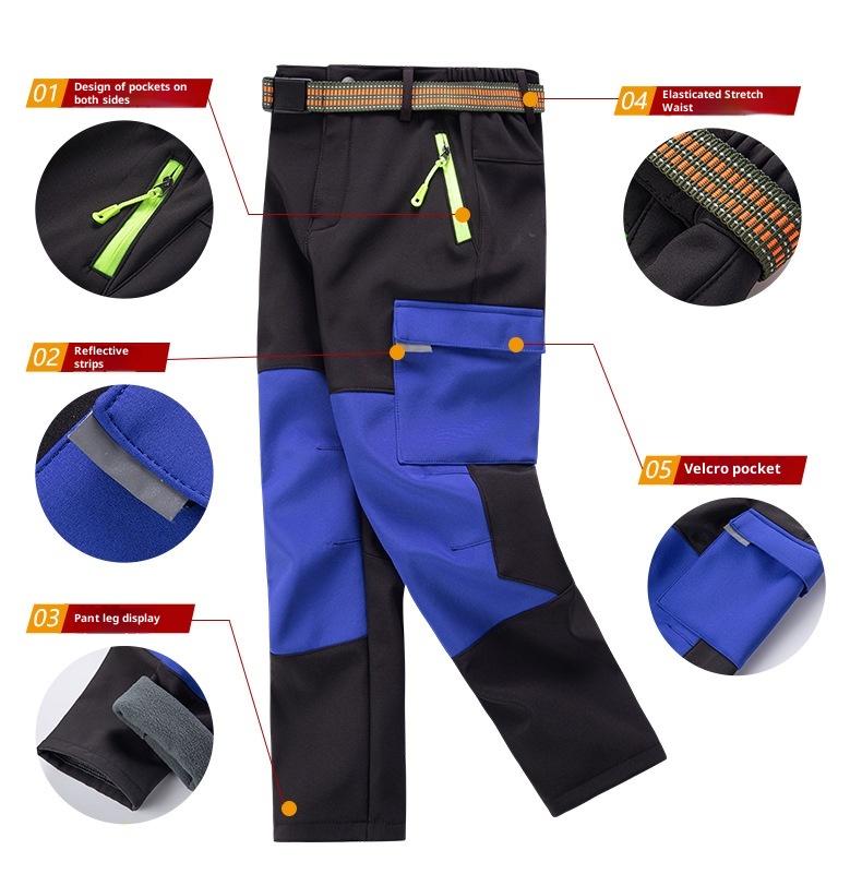 001 Children's Autumn Winter Softshell Boys Girls Students School Color Block Reflective Windproof Waterproof Warm Ski Pants_voghion.com