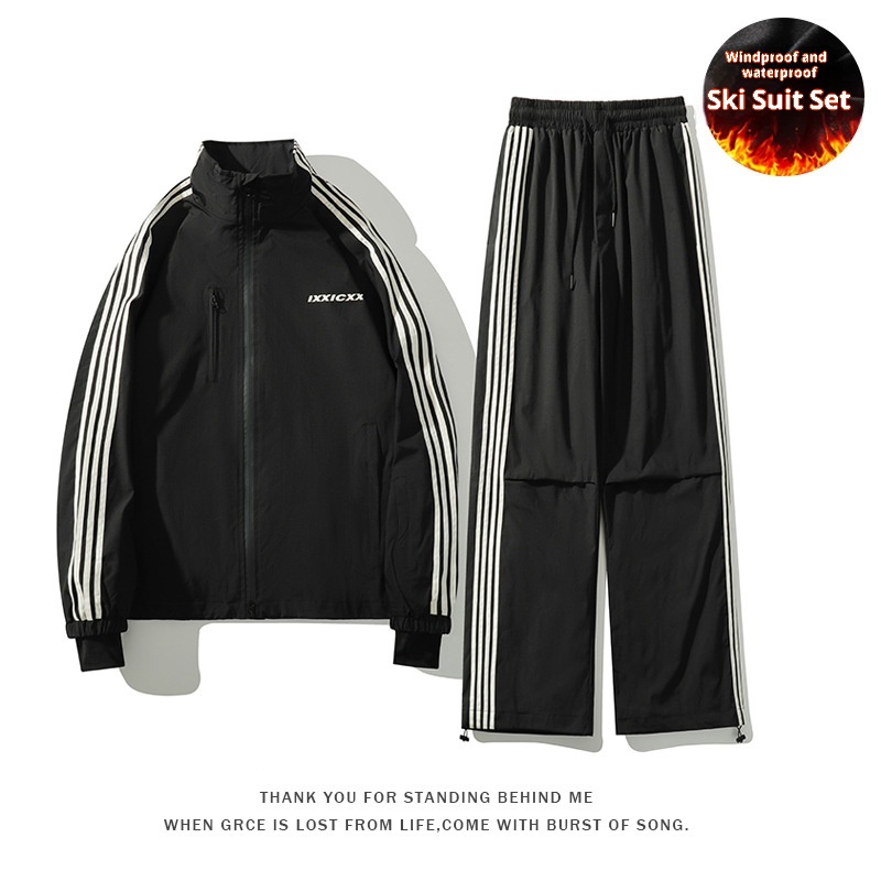 001 Cro-Border Hot-Selling Winter New Three-Stripe Suit Set Waterproof Windproof Stand Collar Jacket Fleece-Lined Ski_voghion.com