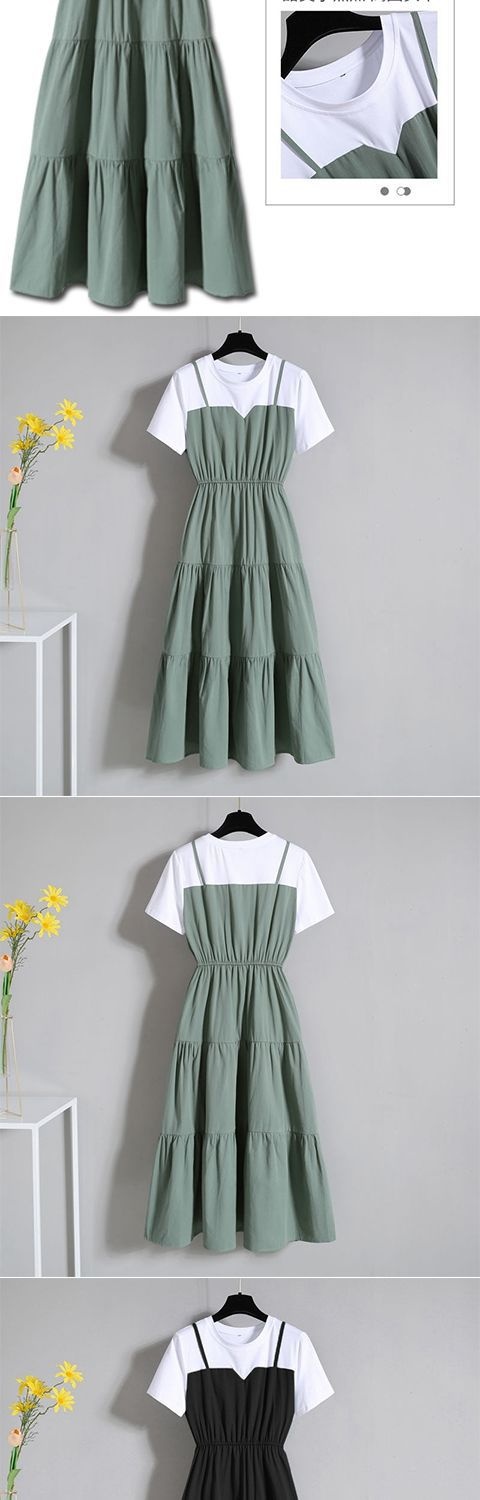 ChicShe Plus Size Donna Moda Strap Due Pezzi Lungo Estivo Sorella Grassa Vita Snellente Manica Corta Vestito per Le Donne_voghion.com