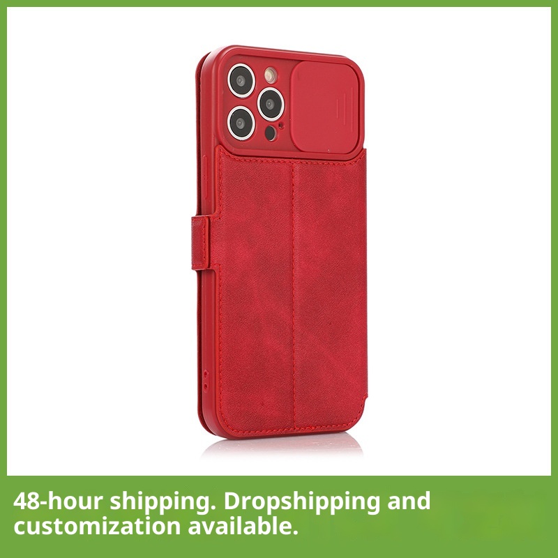 TechGlobe Wholesale Compatible IPhone 15 Pro Textured Phone 13 Multi-Card Slot Sliding Window Lens Protector Leather Case_voghion.com