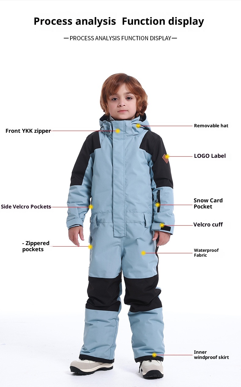 001 New Children's Ski One-Piece Girls' Set Color Block Waterproof Windproof Warm Single And Double Board Suit Snow Pants_voghion.com