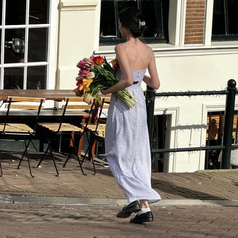 ChicShe Abito lungo estivo da donna con spalline floreali e volant alla francese, stile fresco e dolce_voghion.com