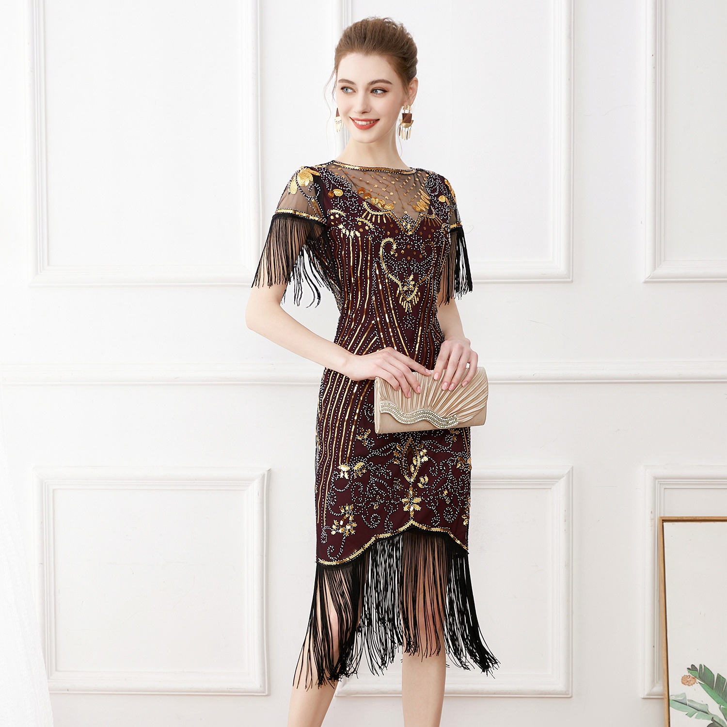 ChicShe 1920S Retro Ball Gown With Embroidery And Tassels, Cocktail Party Plus Size Sequin Beaded Mesh Dress_voghion.com