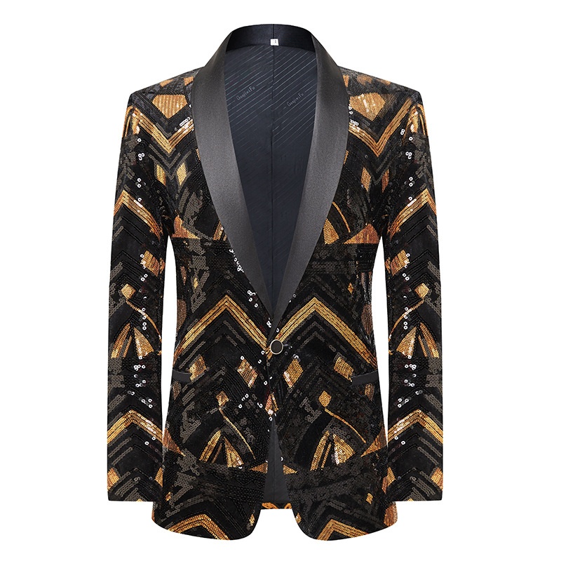 7045555501<2 QFV507045555501<2 Nuovo stile europeo e americano da uomo, blazer con paillettes nere e dorate, costume da esibizione per presentatore di night club, DJ, studio di ripresa_voghion.com