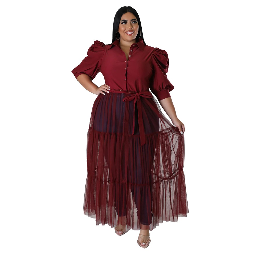 ChicShe N7681 Autumn Style European And American Solid Color Shirt Top Tie-Up Sheer Sexy Mesh Plus Size Dress_voghion.com