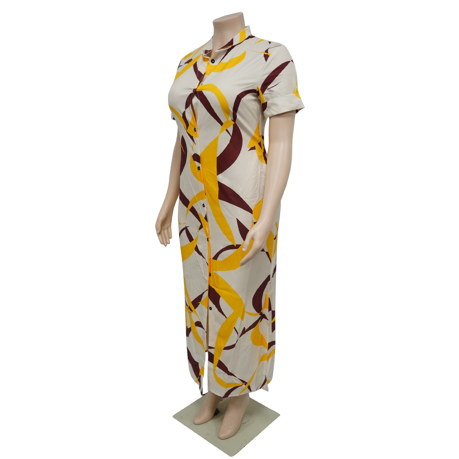 ChicShe N7976 Cross-Border European And American Stand Collar Elegant Waist-Cinching Split Shirt Long Plus Size Dress_voghion.com