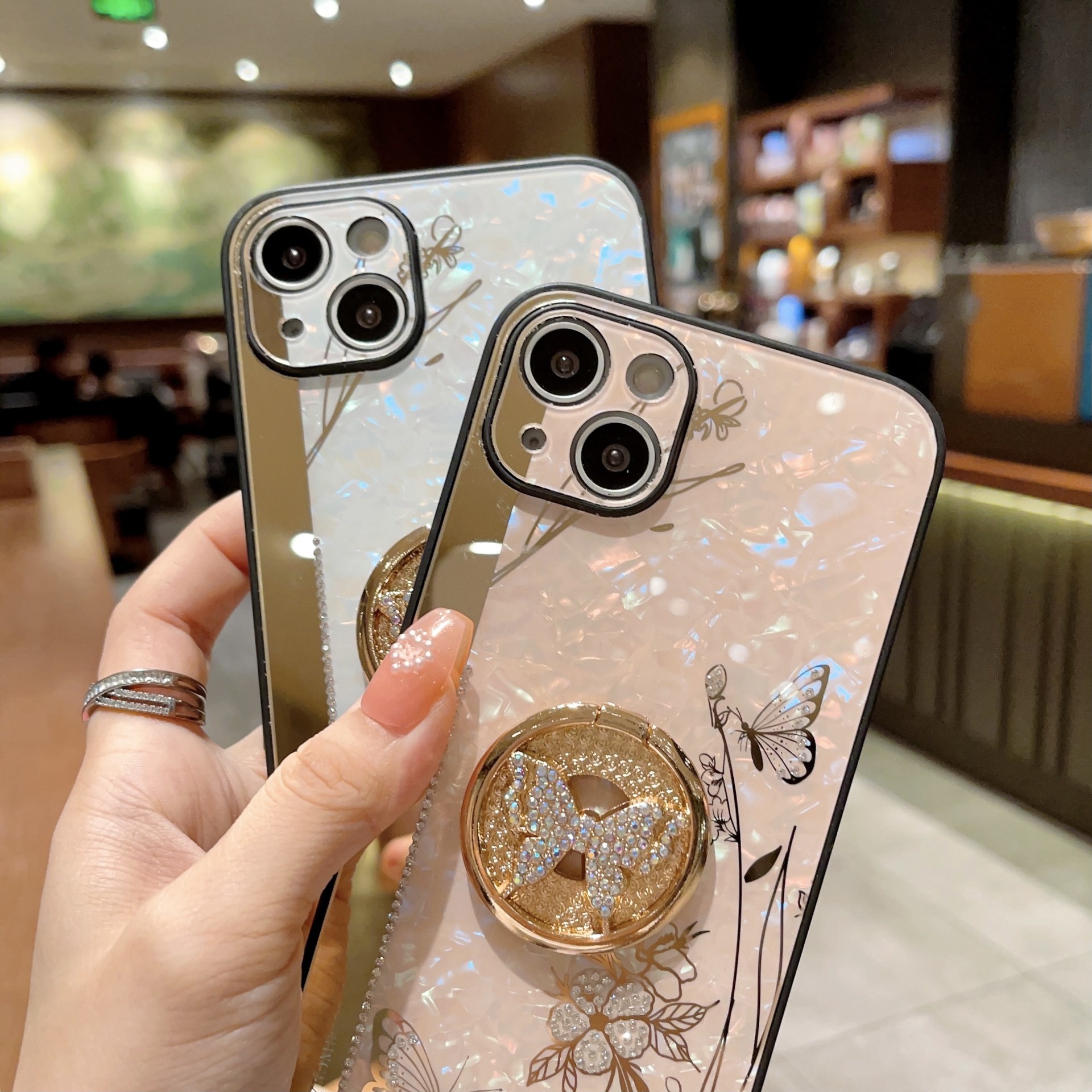 TechGlobe Compatible With 17 Phone Love Flower Inlaid Diamond Butterfly Stand IPhone 16 Pro Full Coverage Soft Edge_voghion.com